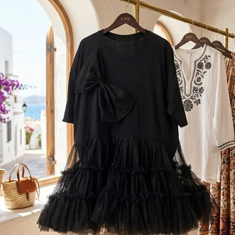 CALA BOIX Side-Bow Tulle T-shirt Dress
