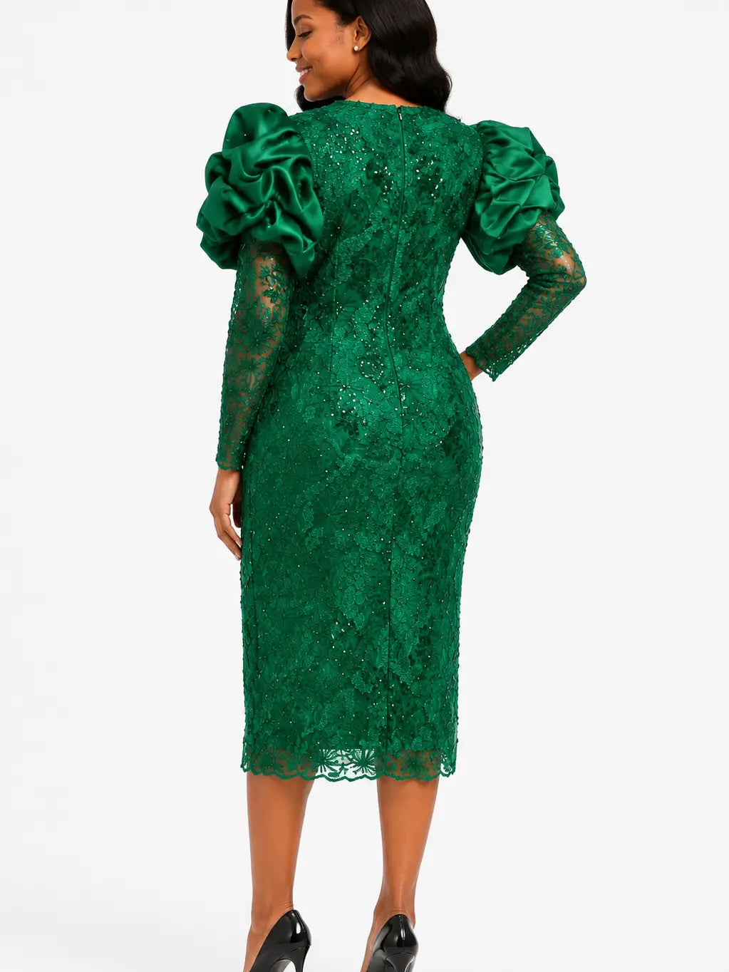 Sequin Lace Puff Sleeve Midi Dress