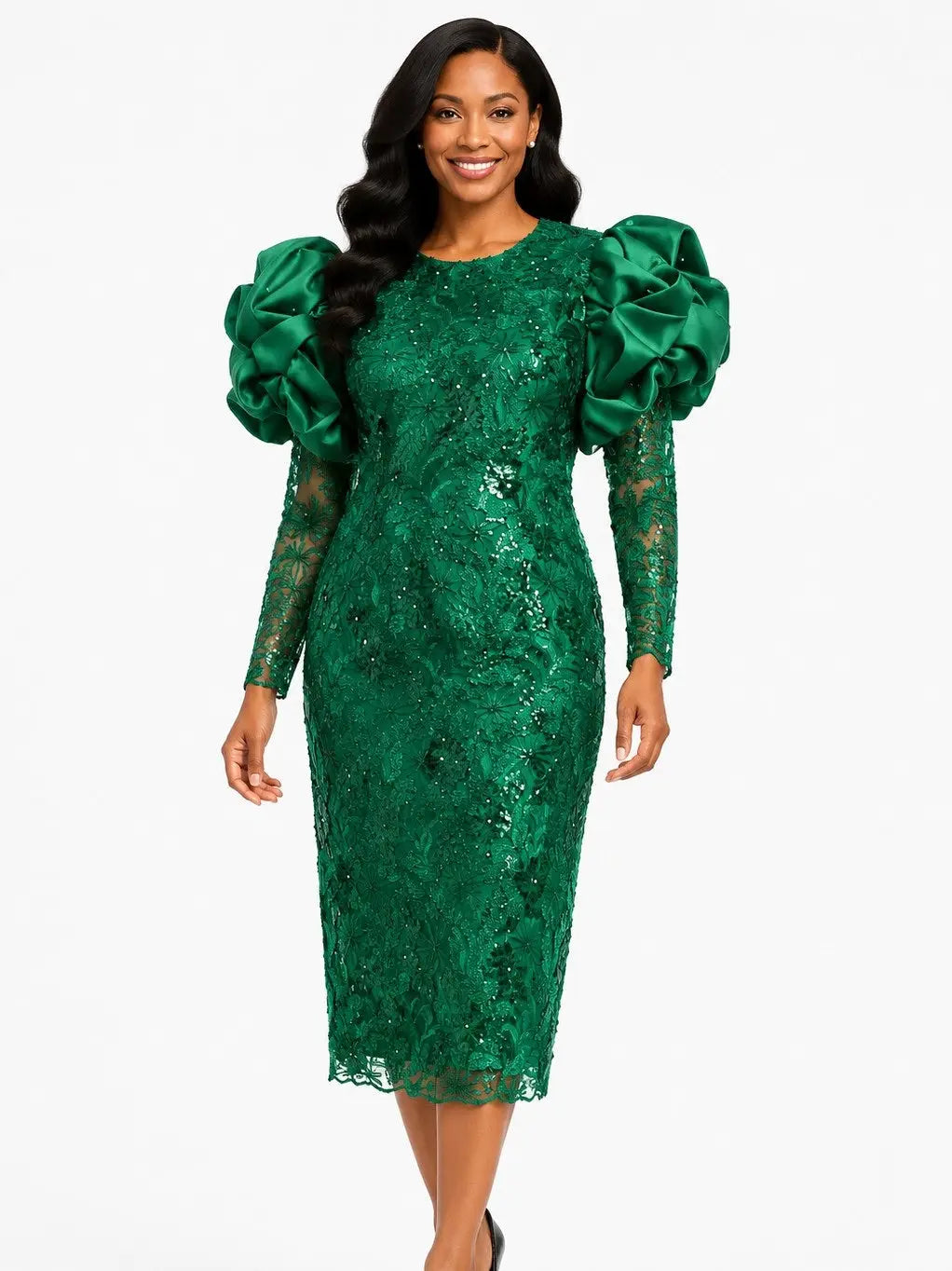 Sequin Lace Puff Sleeve Midi Dress