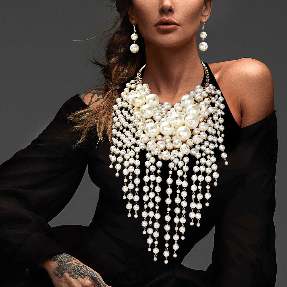 Pearl Cluster Statement Necklace & Earring Set