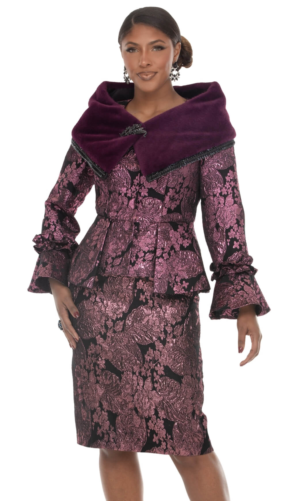 The Regal Plum Brocade & Faux Fur Skirt Suit
