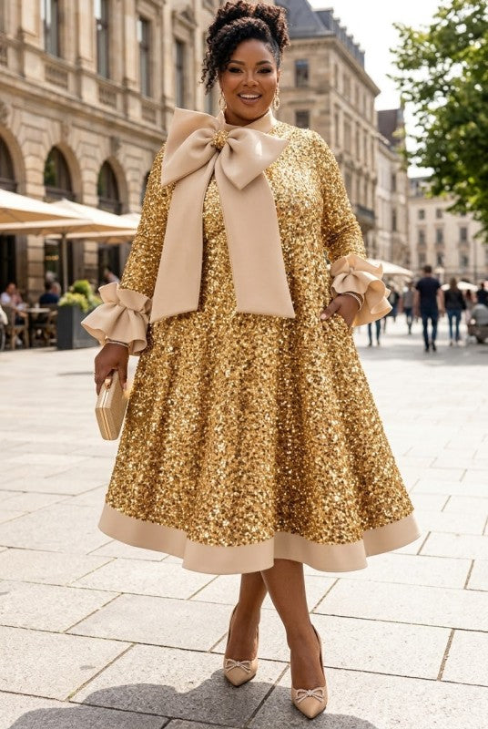 The Opulence Sequin Bow Fit & Flare Midi Dress (preorder)