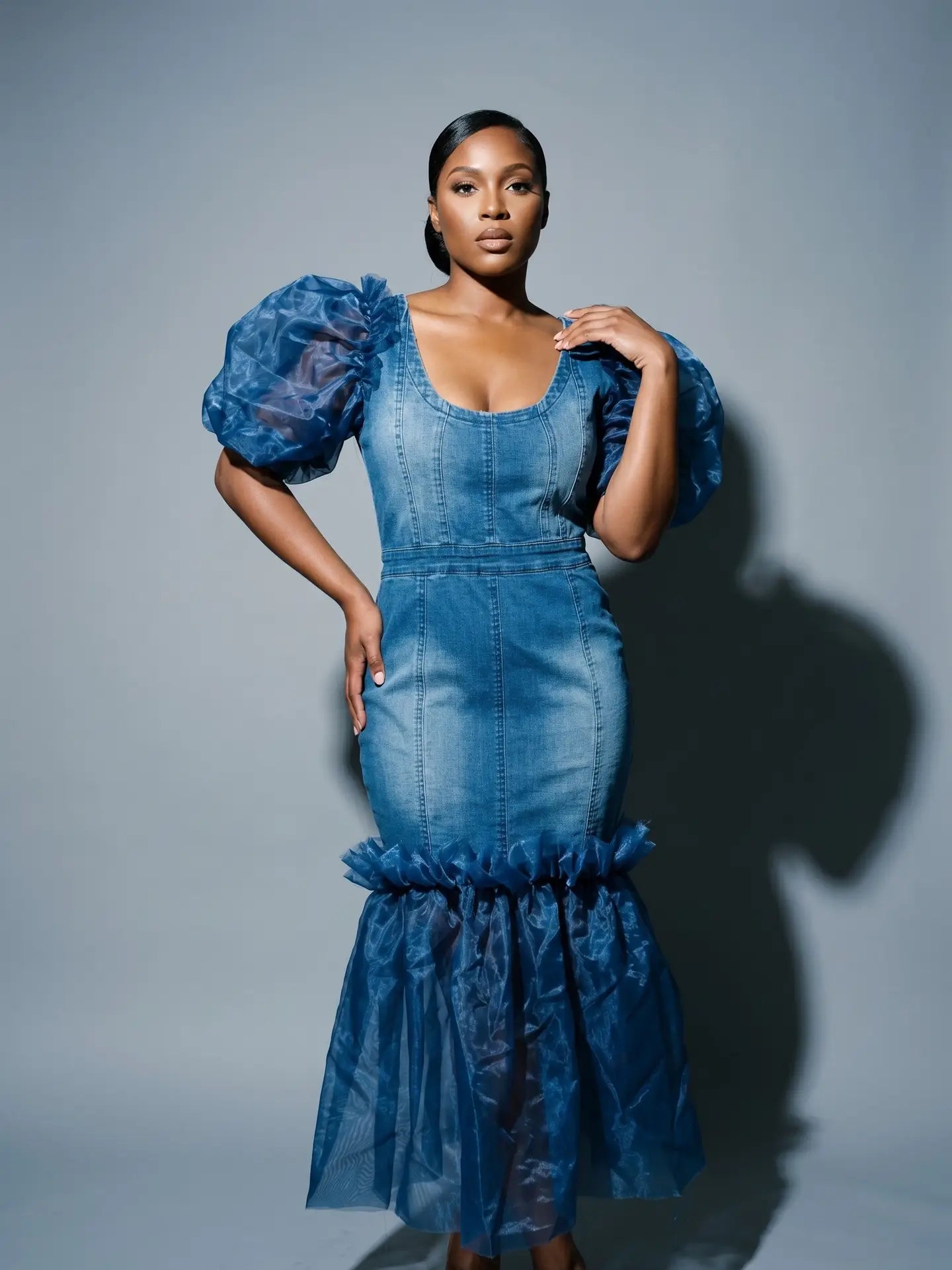 Mixed-Media Denim Midi Dress with Organza Puff Sleeves & Ruffle Hem