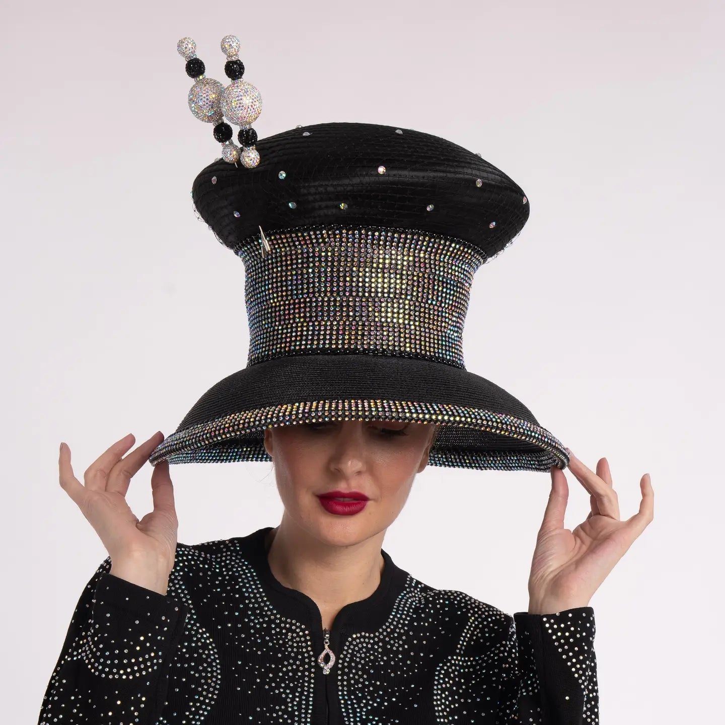 Exquisite 12" Satin Mushroom Beret with Rhinestone Veil