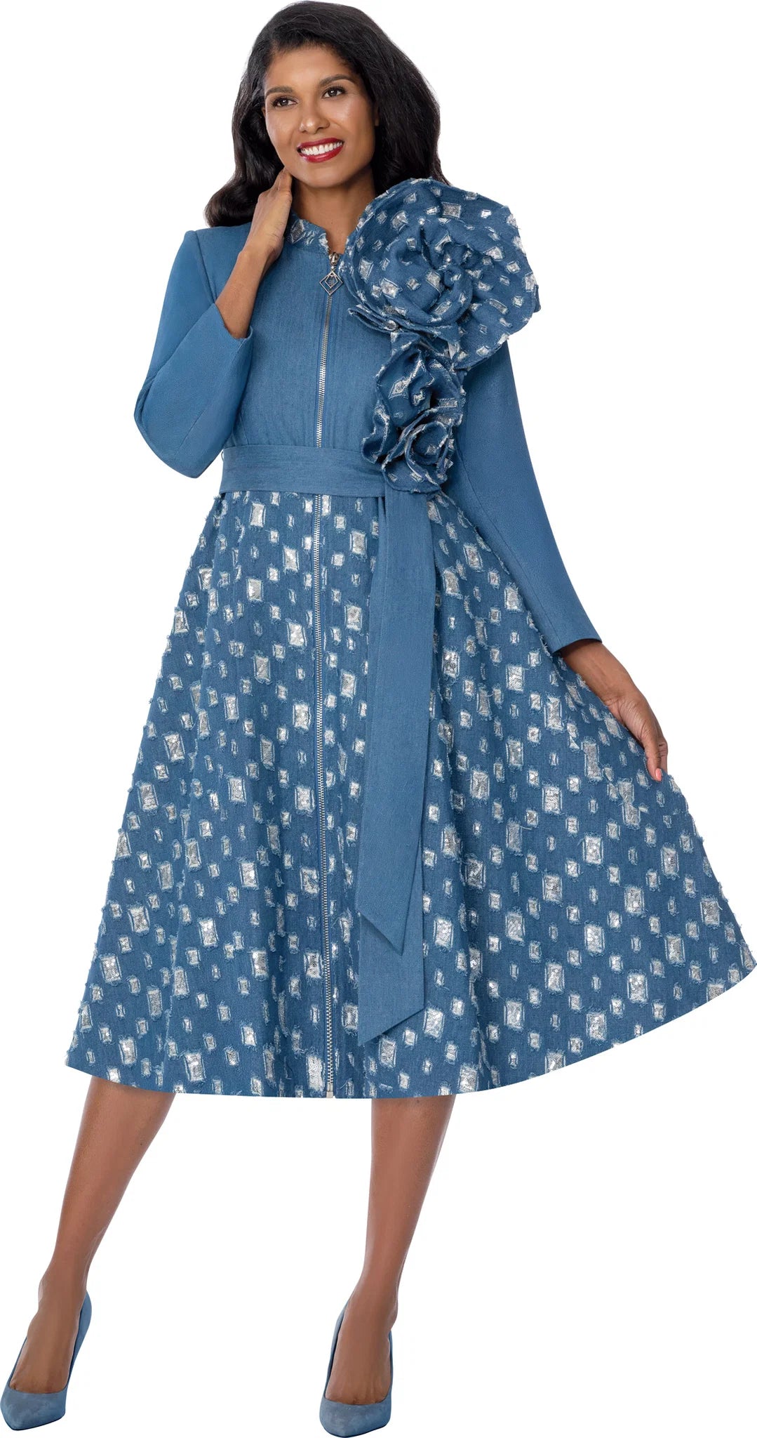 The 'Sapphire Elegance' 3D Floral Midi Dress