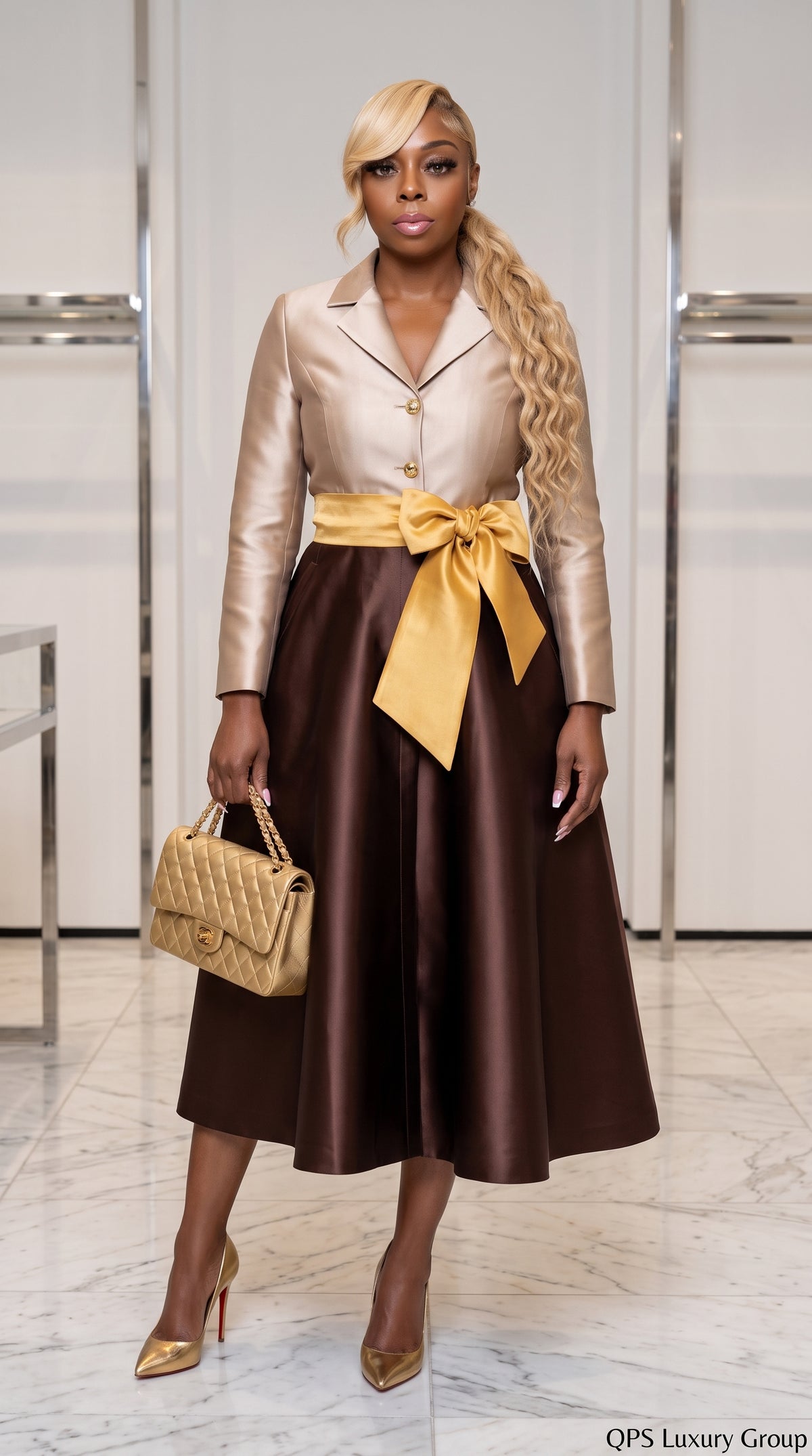 Brown/Champagne/Gold Satin Color-Block Gown