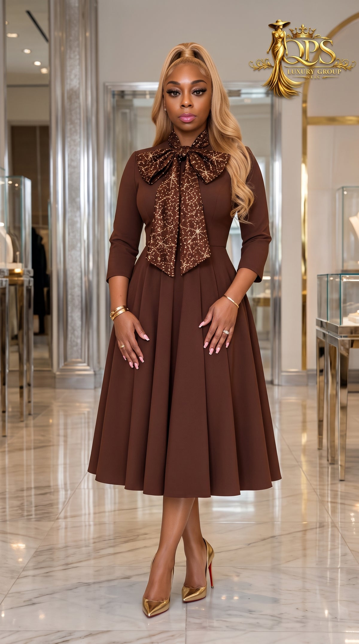 The Scarlet Elegance Sequin Bow Dress - Brown