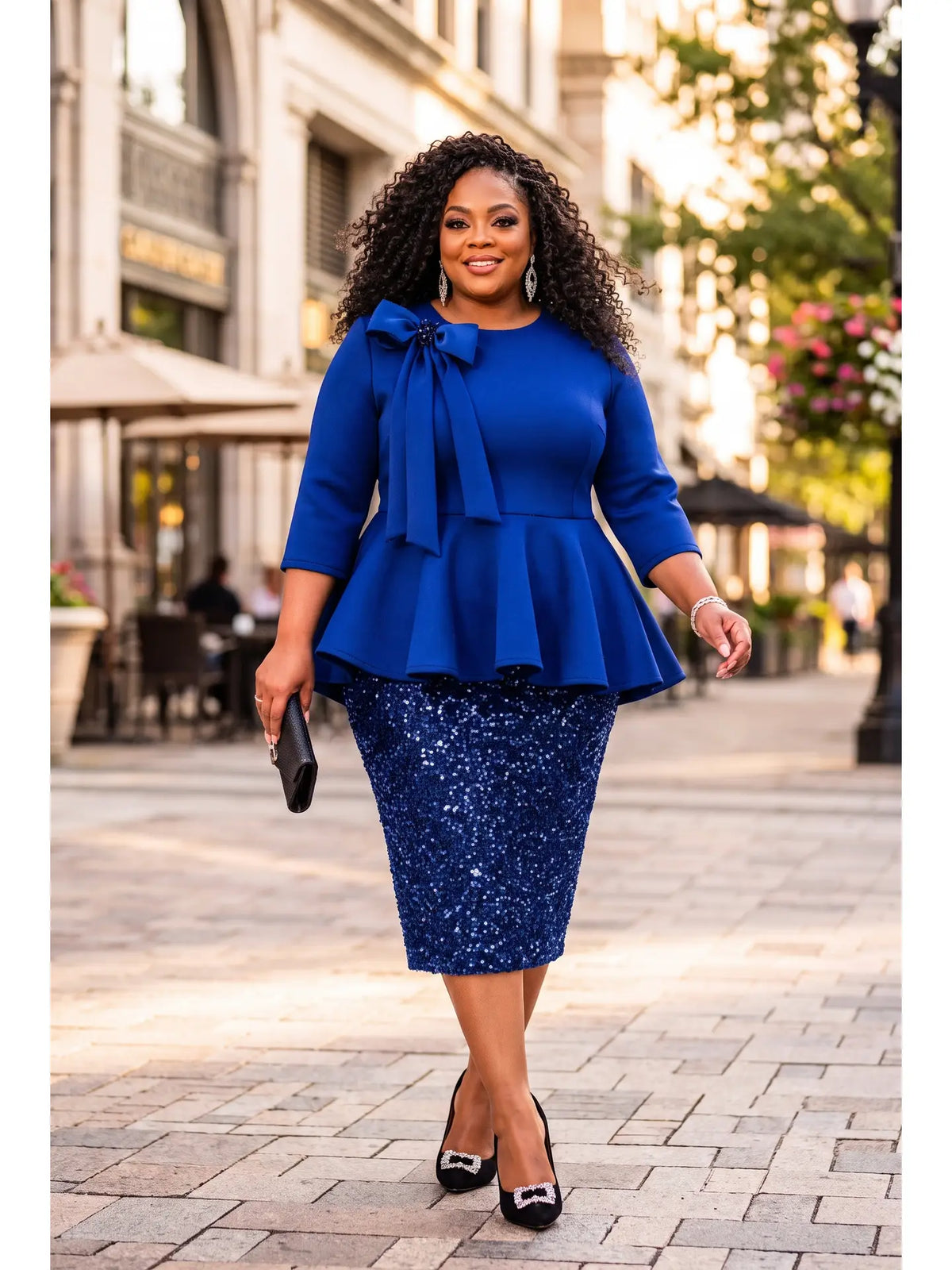 The "Regal Radiance" Sequin Cascading Cape-Back Peplum Dress