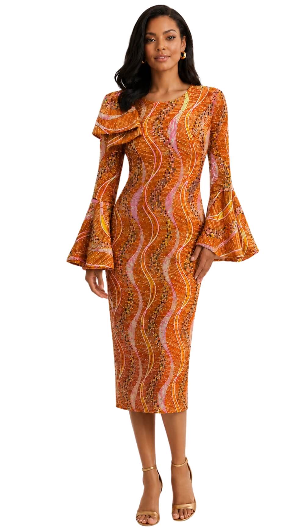 "Golden Wave" Sequin Flare-Sleeve Sheath Dress