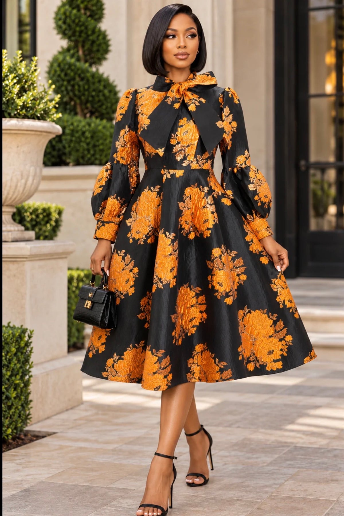 The Gilded Bloom Bow-Neck Midi Dress