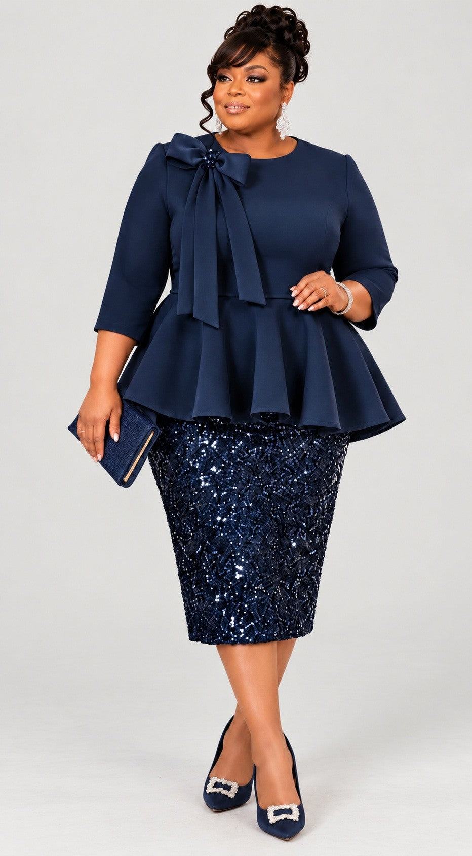 The "Regal Radiance" Sequin Cascading Cape-Back Peplum Dress