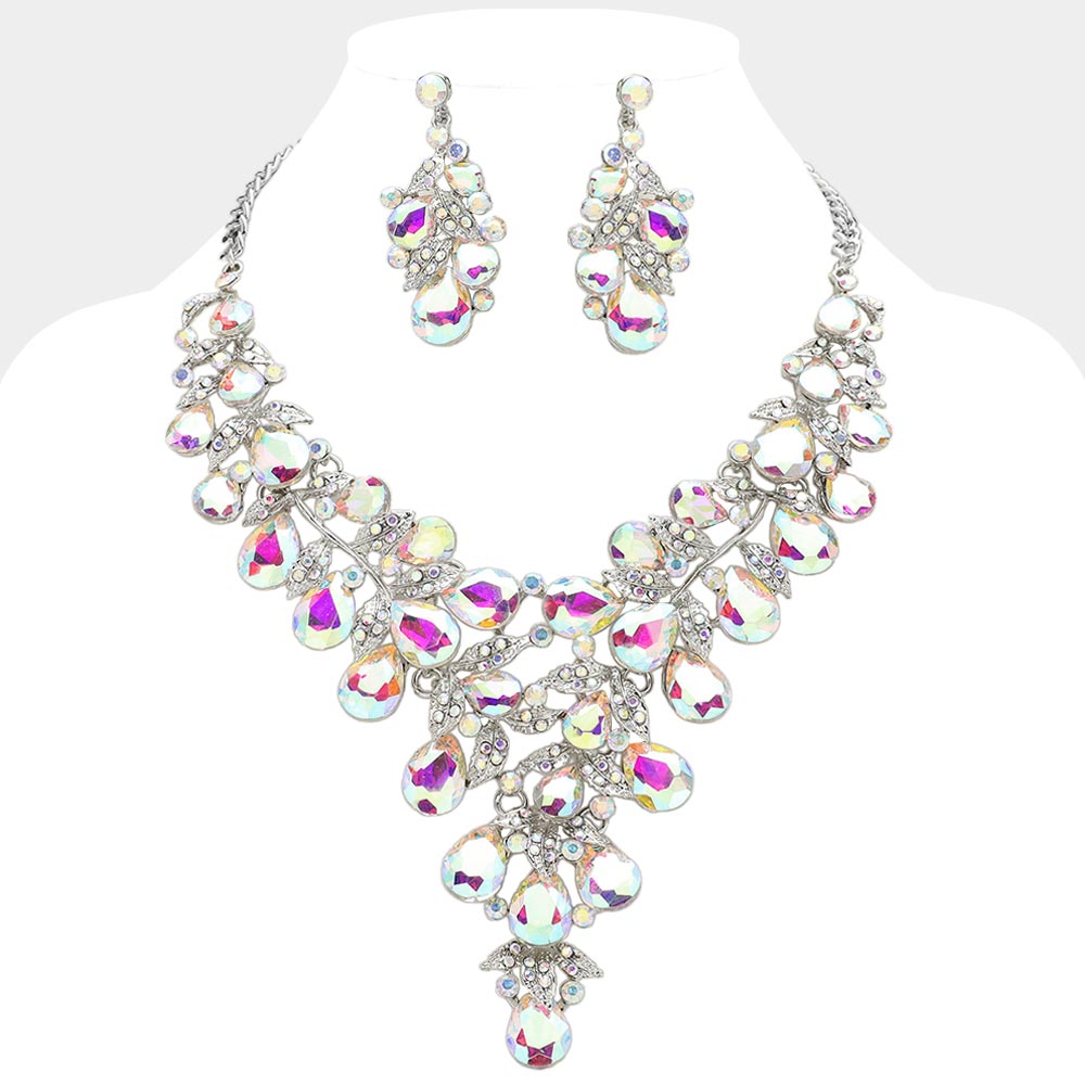 Cascading Flora Teardrop Glass Stone Bib Necklace & Earring Set