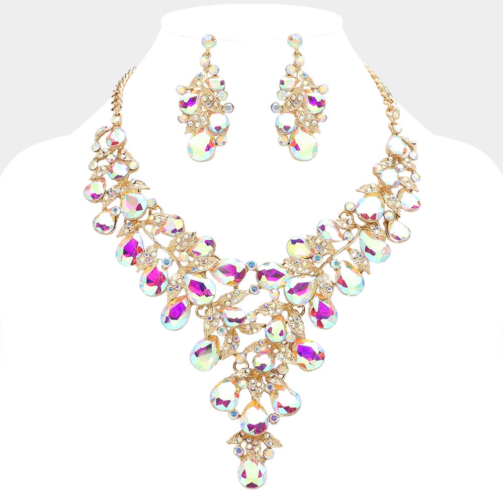 Cascading Flora Teardrop Glass Stone Bib Necklace & Earring Set