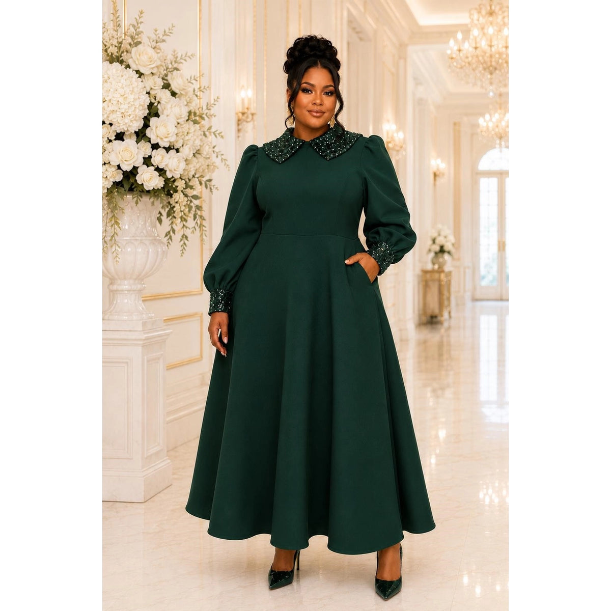 The Regal Sequin Collar Fit & Flare Midi Dress