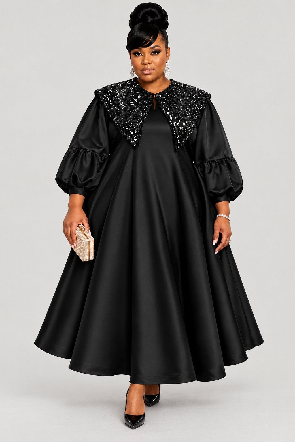 The Regal Voluminous Satin & Sequin Statement Dress