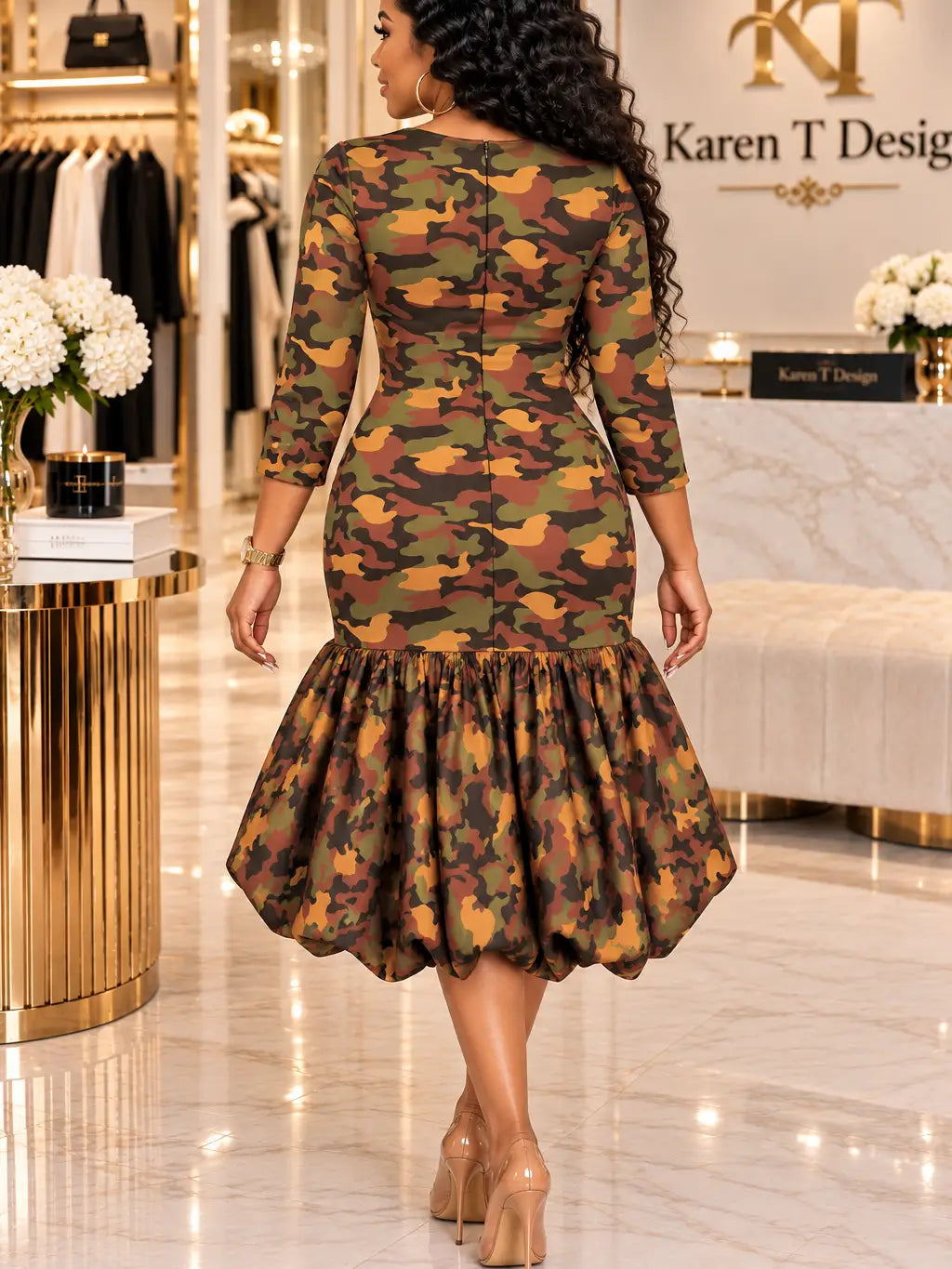 The Sovereign Bubble Hem Midi Dress - Camo