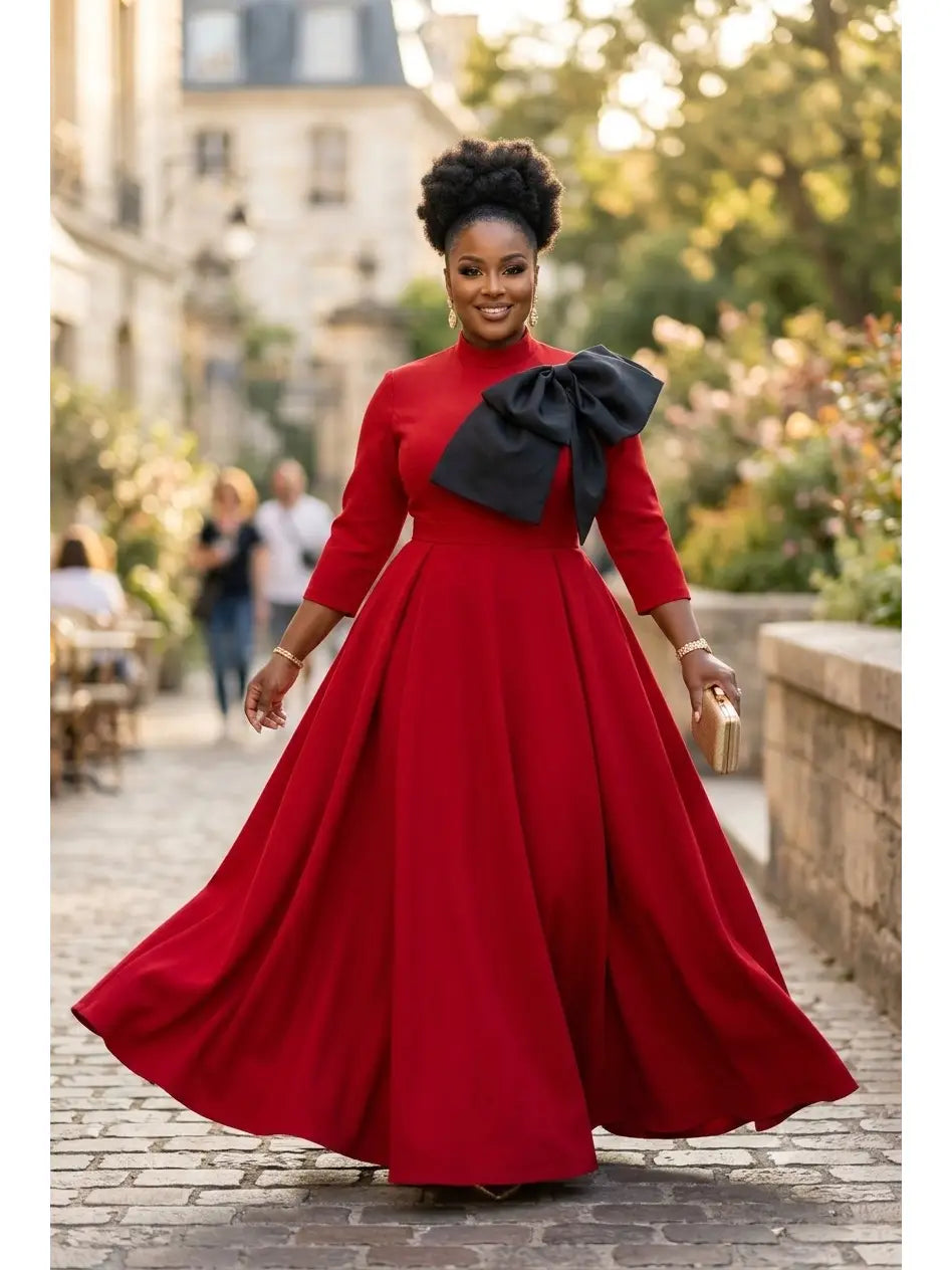 Oversized Bow Fit & Flare Maxi Dress — Red with Black Bow