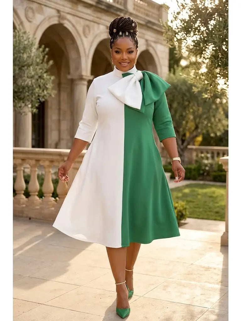 Color Block Bow Neck Midi Dress