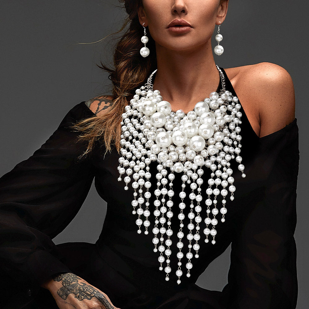 Pearl Cluster Statement Necklace & Earring Set