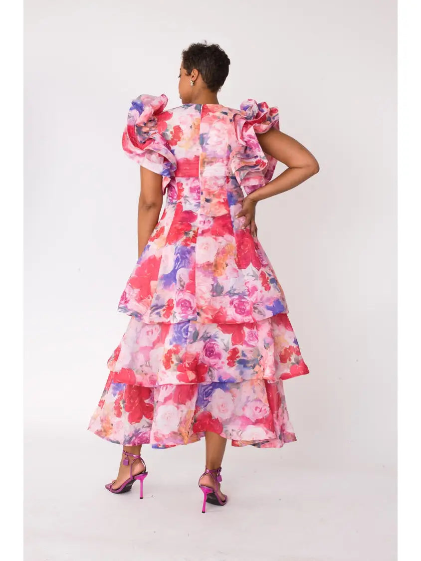 Watercolor Floral Tiered Midi Dress
