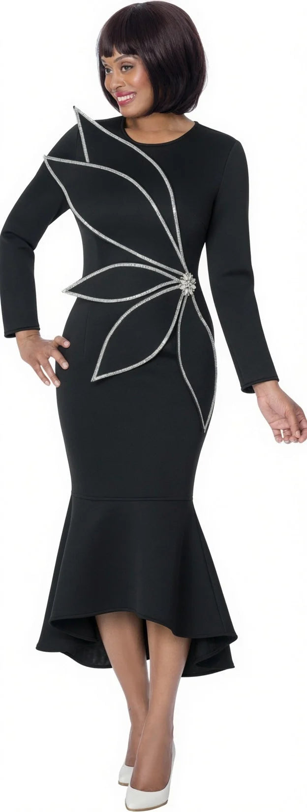 Crystal Petal Appliqué High-Low Midi Dress
