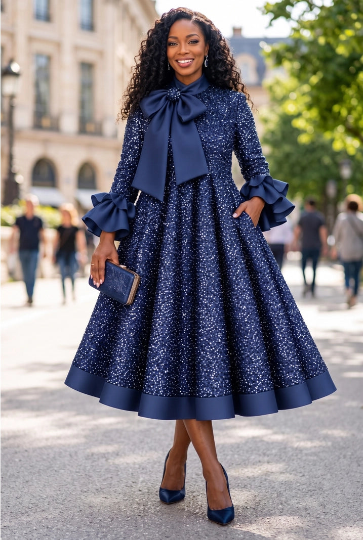 The Opulence Sequin Bow Fit & Flare Midi Dress (preorder)