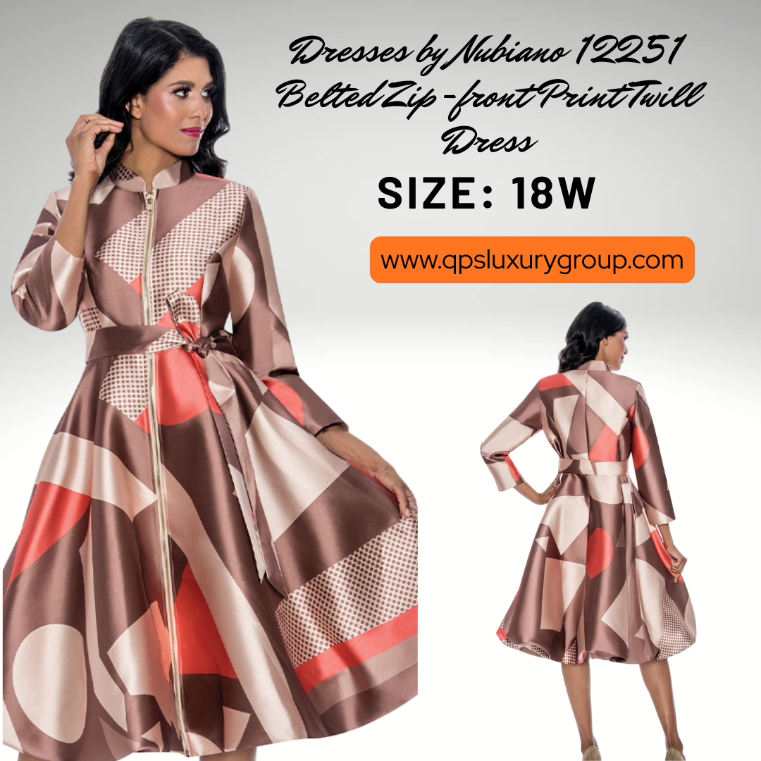 Nubiano 12251 Belted Zip-Front Print Twill Dress