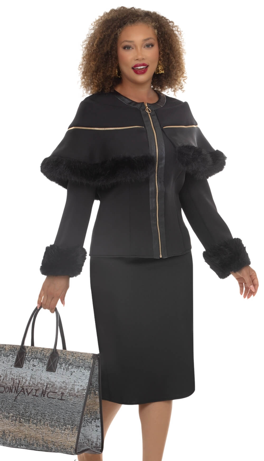 DonnaVinci 12306: Fur Trimmed 2-Piece Jacket & Skirt Set
