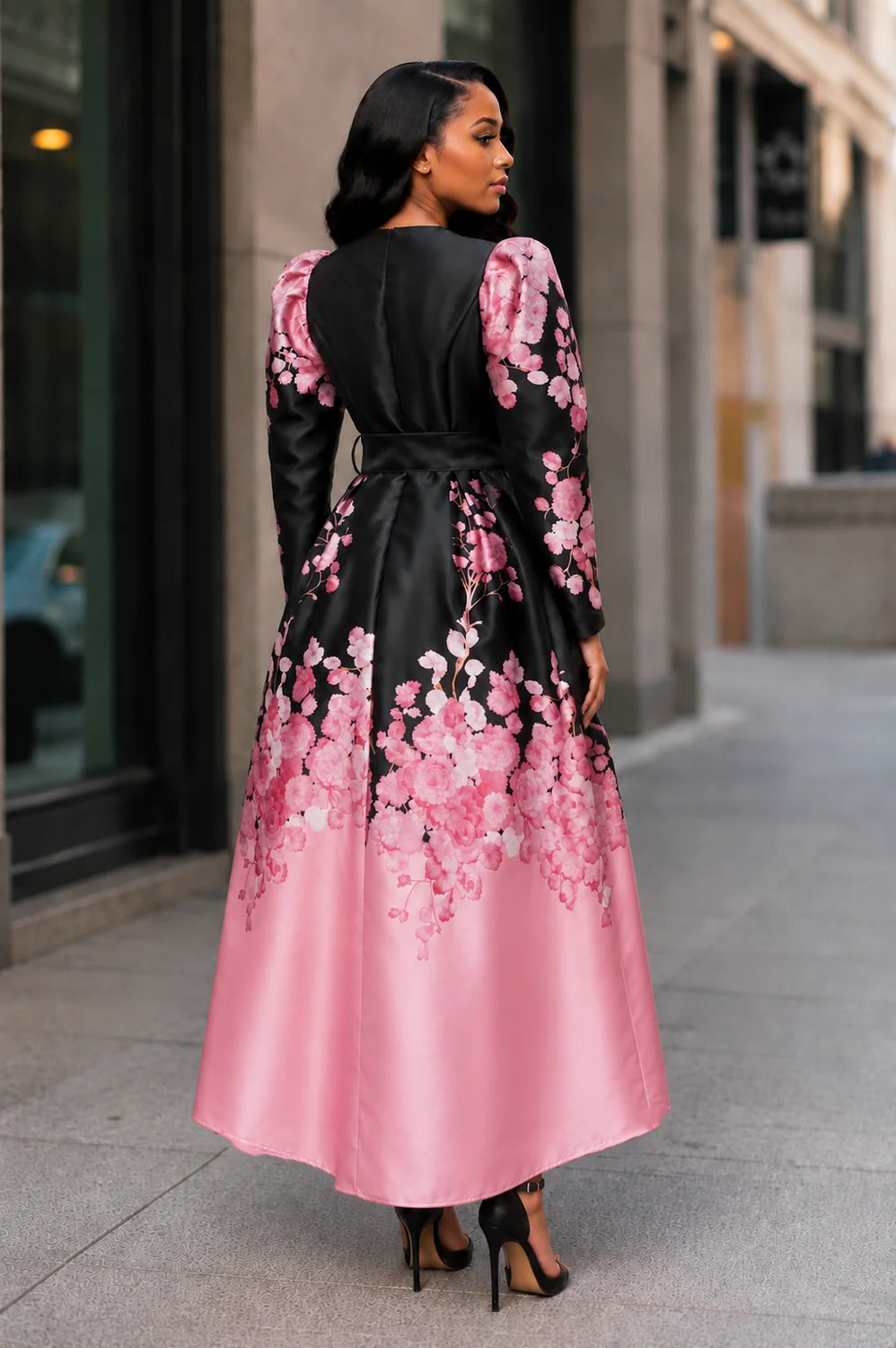 Midnight Blossom Tie Waist Dress