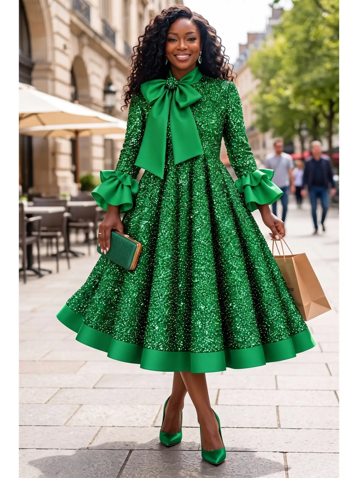 The Opulence Sequin Bow Fit & Flare Midi Dress (preorder)