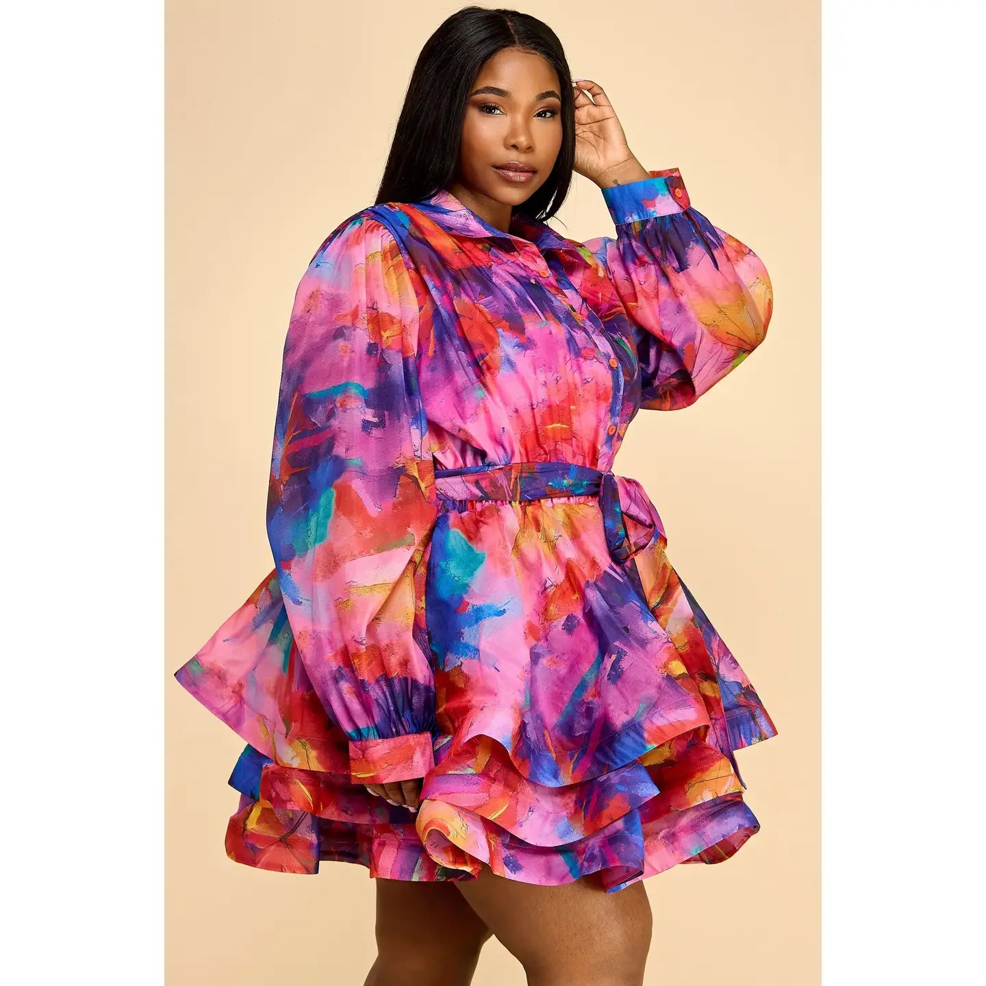 Layered Ruffle Shirt Dress