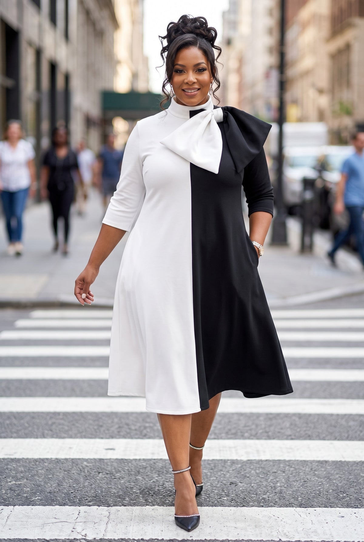 The Signature Color Block Bow-Neck Midi Dress