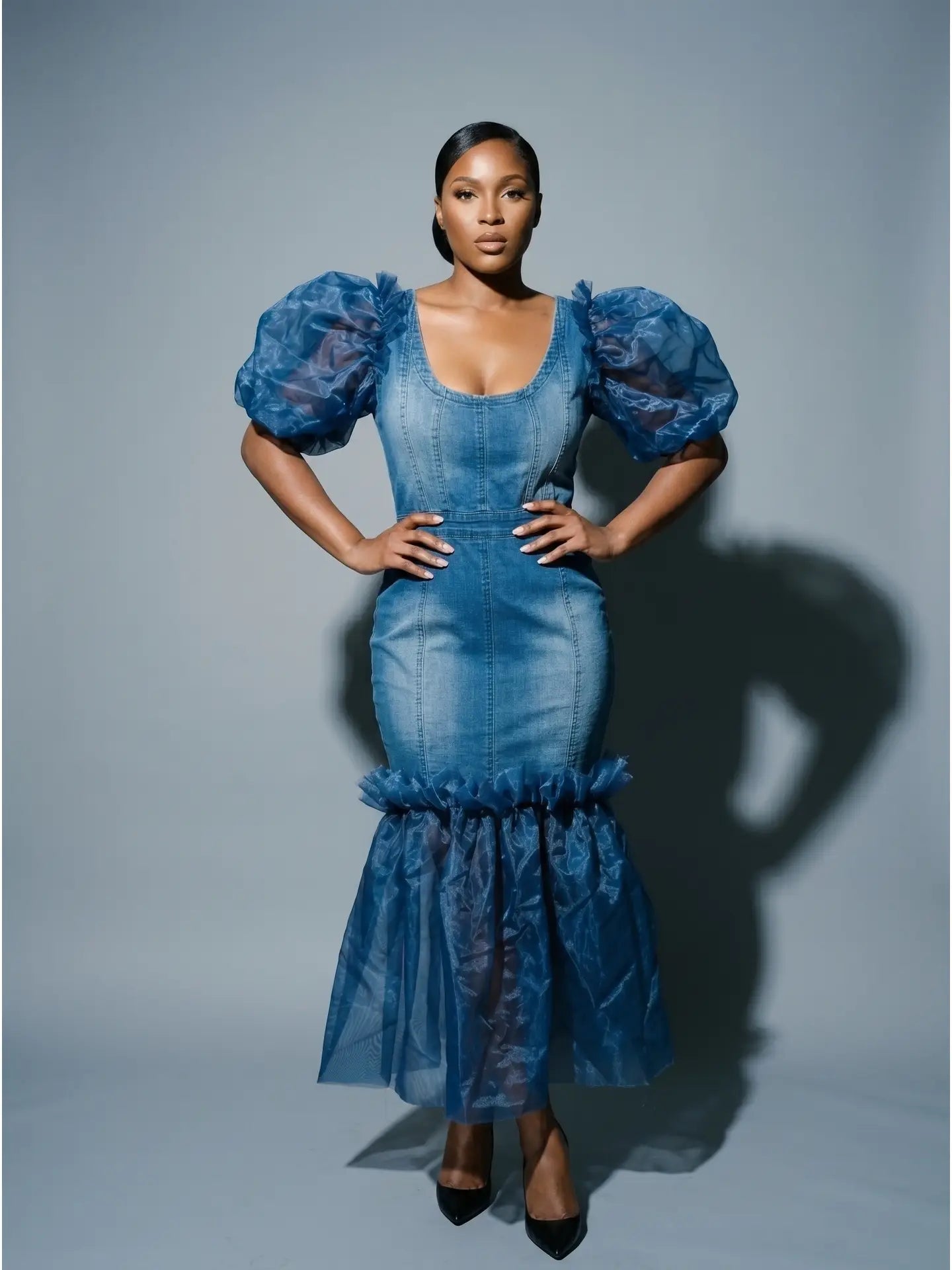 Mixed-Media Denim Midi Dress with Organza Puff Sleeves & Ruffle Hem