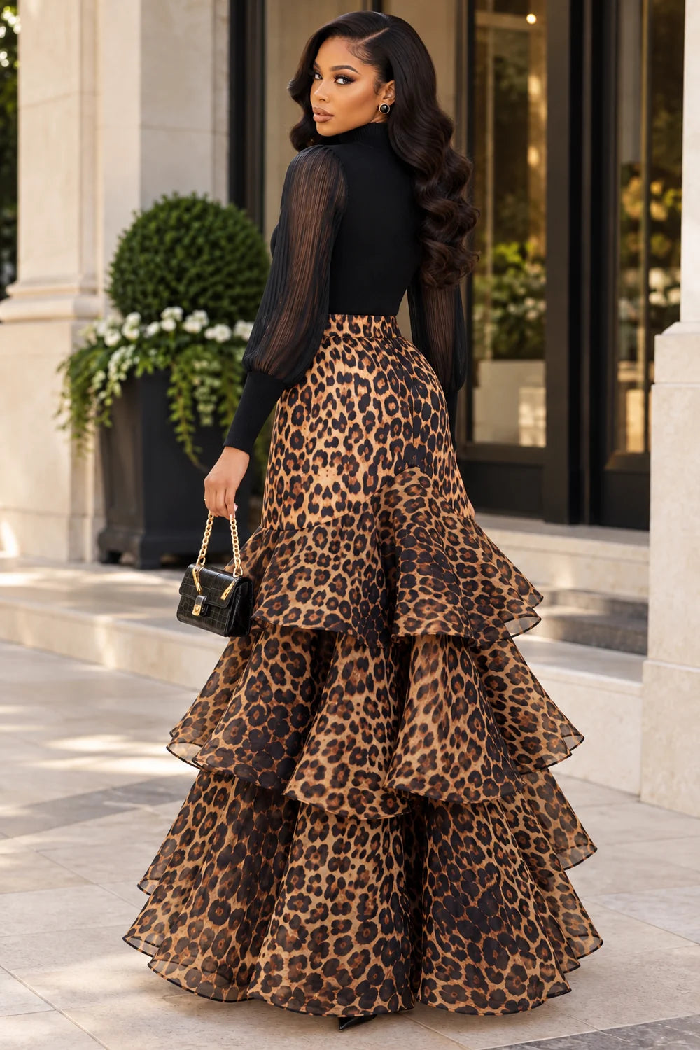 Leopard tiered organza statement skirt