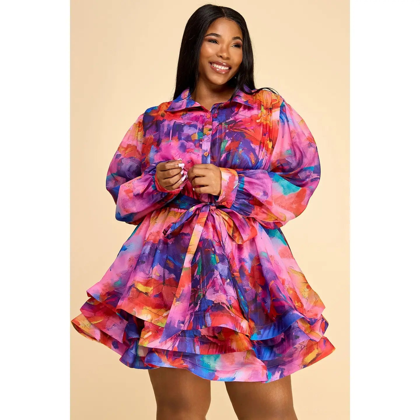 Layered Ruffle Shirt Dress