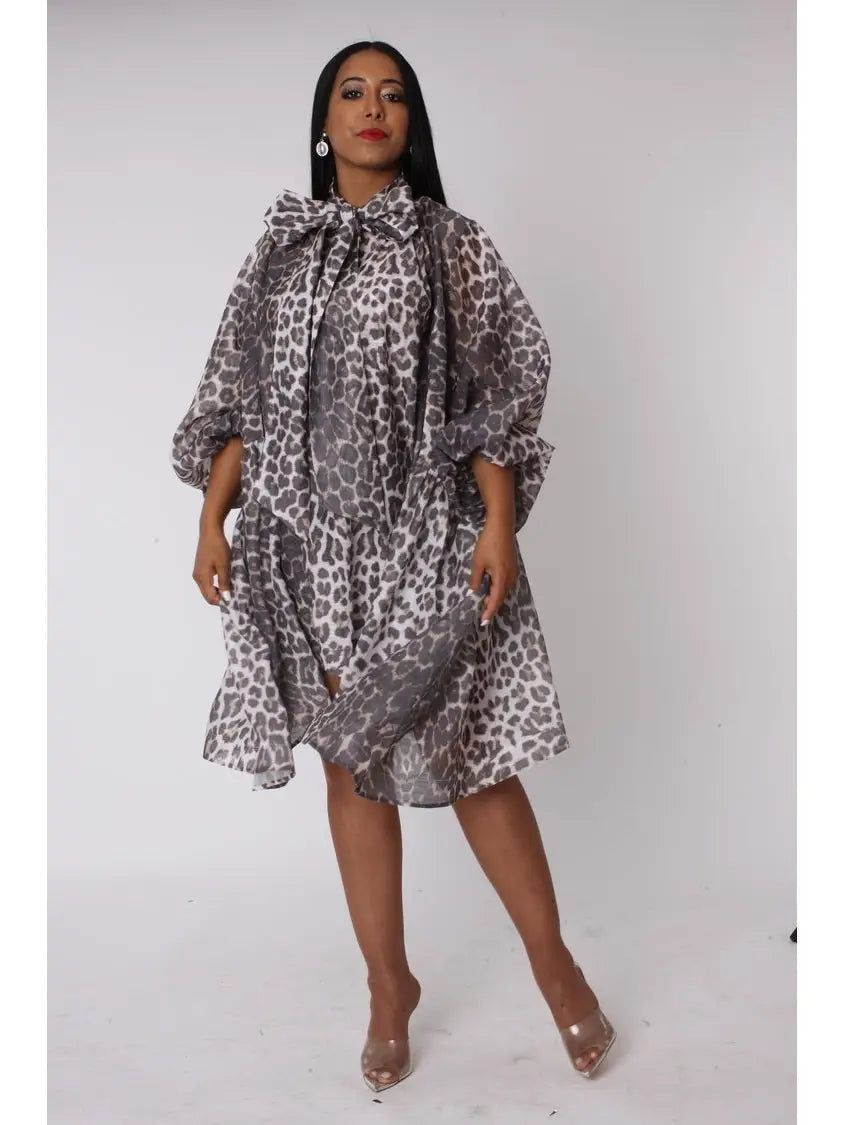 Leopard Print Organza Bow Dress
