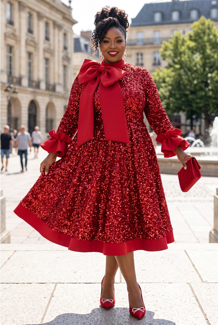 The Opulence Sequin Bow Fit & Flare Midi Dress (preorder)