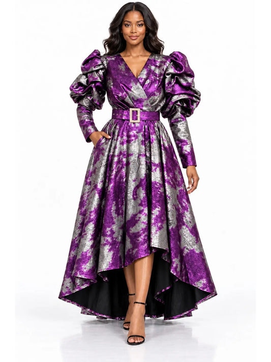 The Grand Entrance Metallic Puff-Sleeve High-Low Dress
