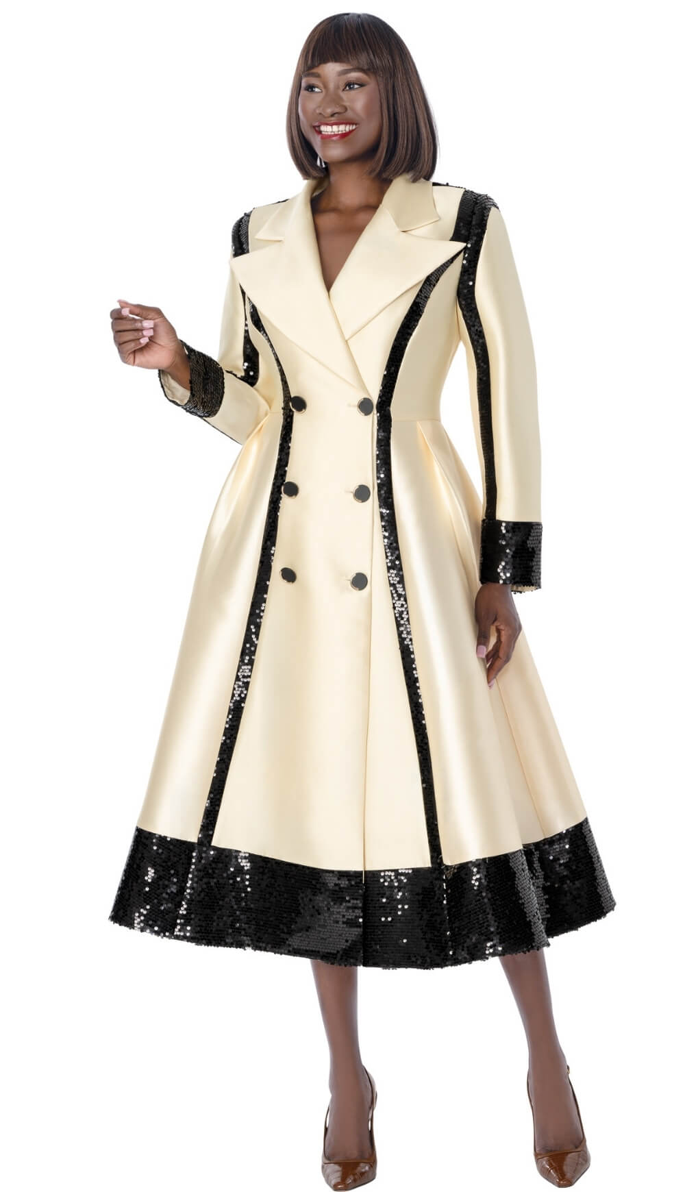Terramina 7370-CH | Champagne Sequin-Trim Coat Dress