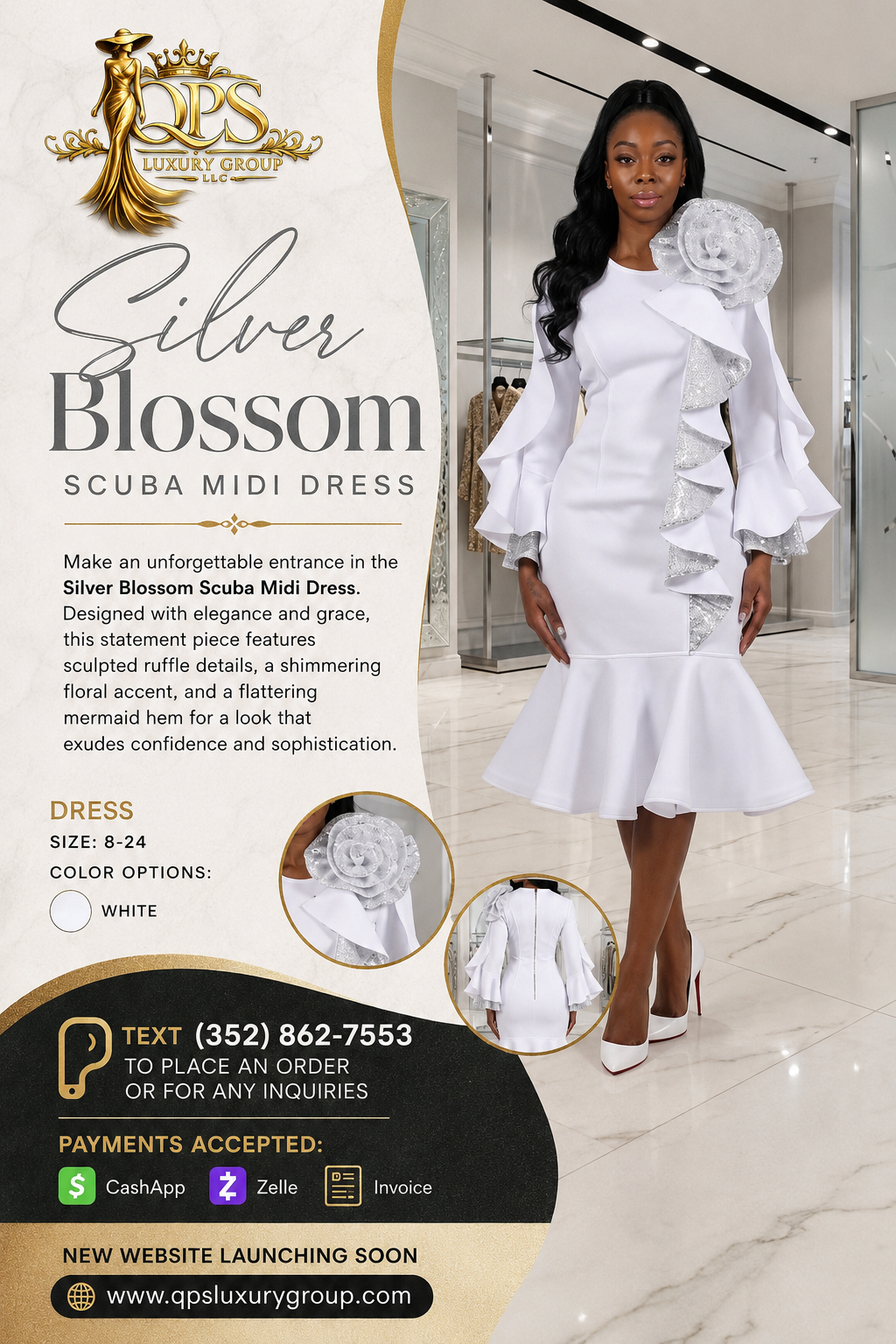 Silver Blossom scuba midi dress