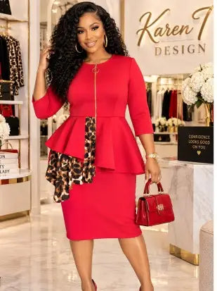 Leopard Accent Zip-Front Peplum Dress