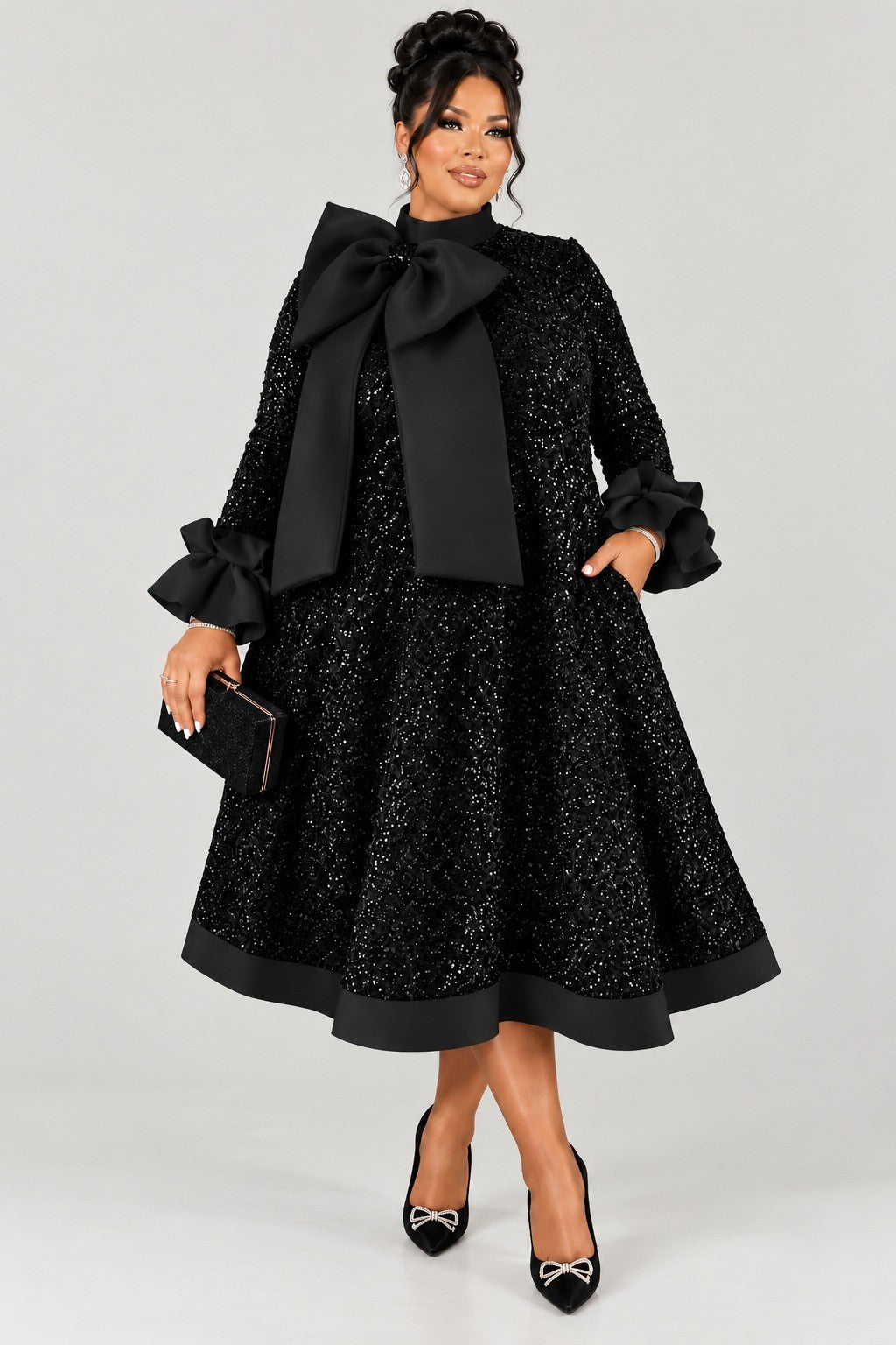 The Opulence Sequin Bow Fit & Flare Midi Dress (preorder)