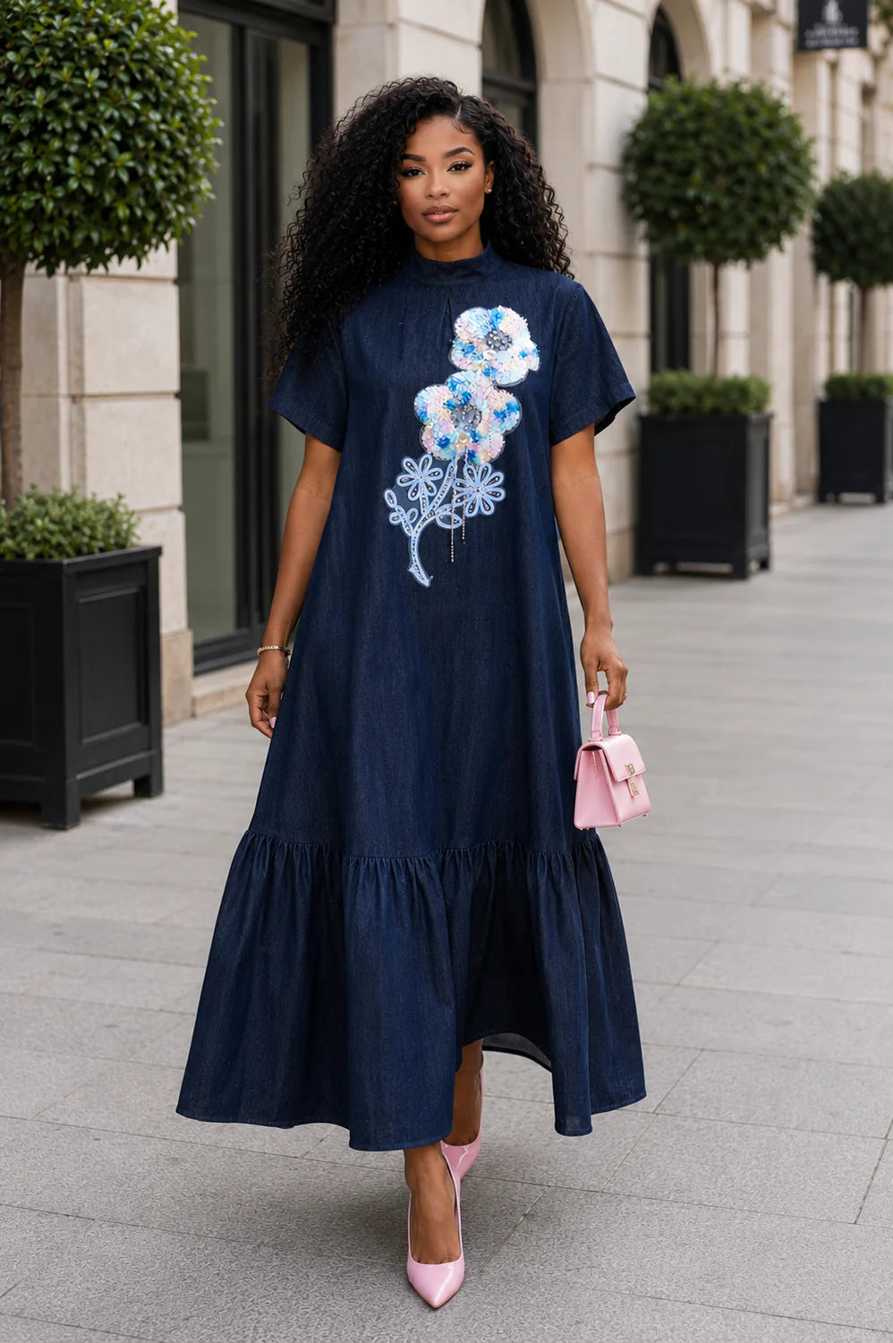 Flower Applique Tiered Denim Dress
