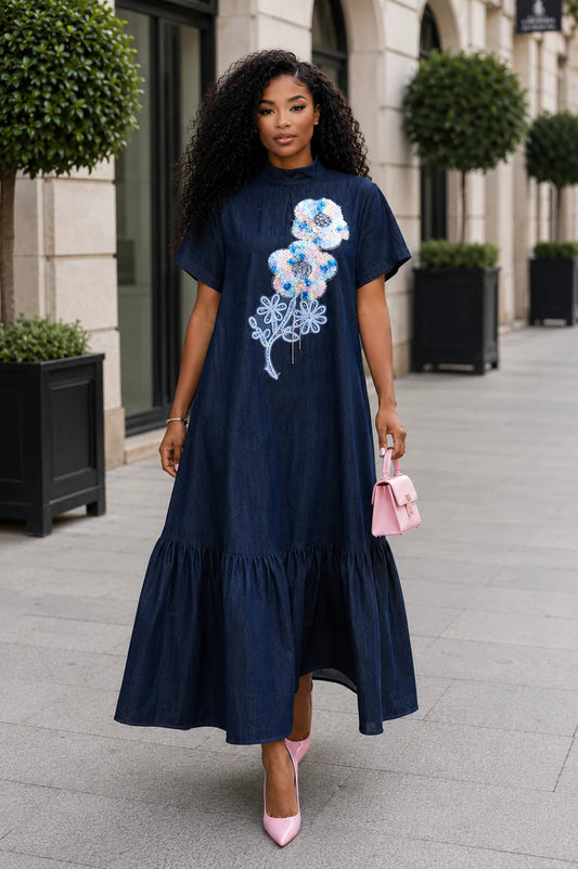 Flower Applique Tiered Denim Dress