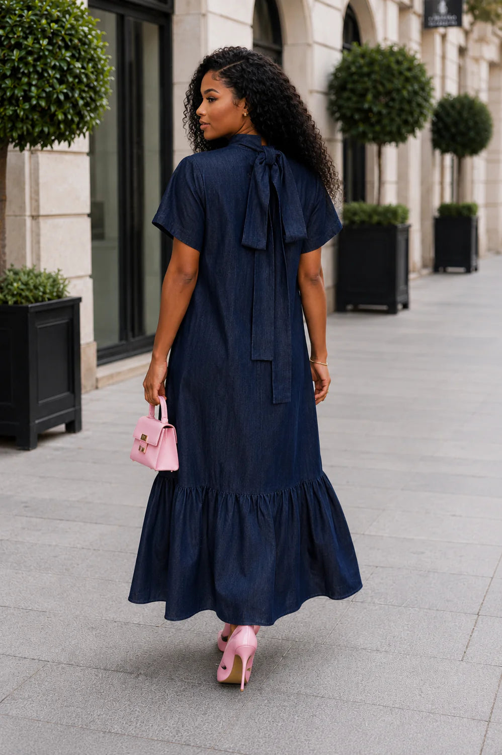 Flower Applique Tiered Denim Dress