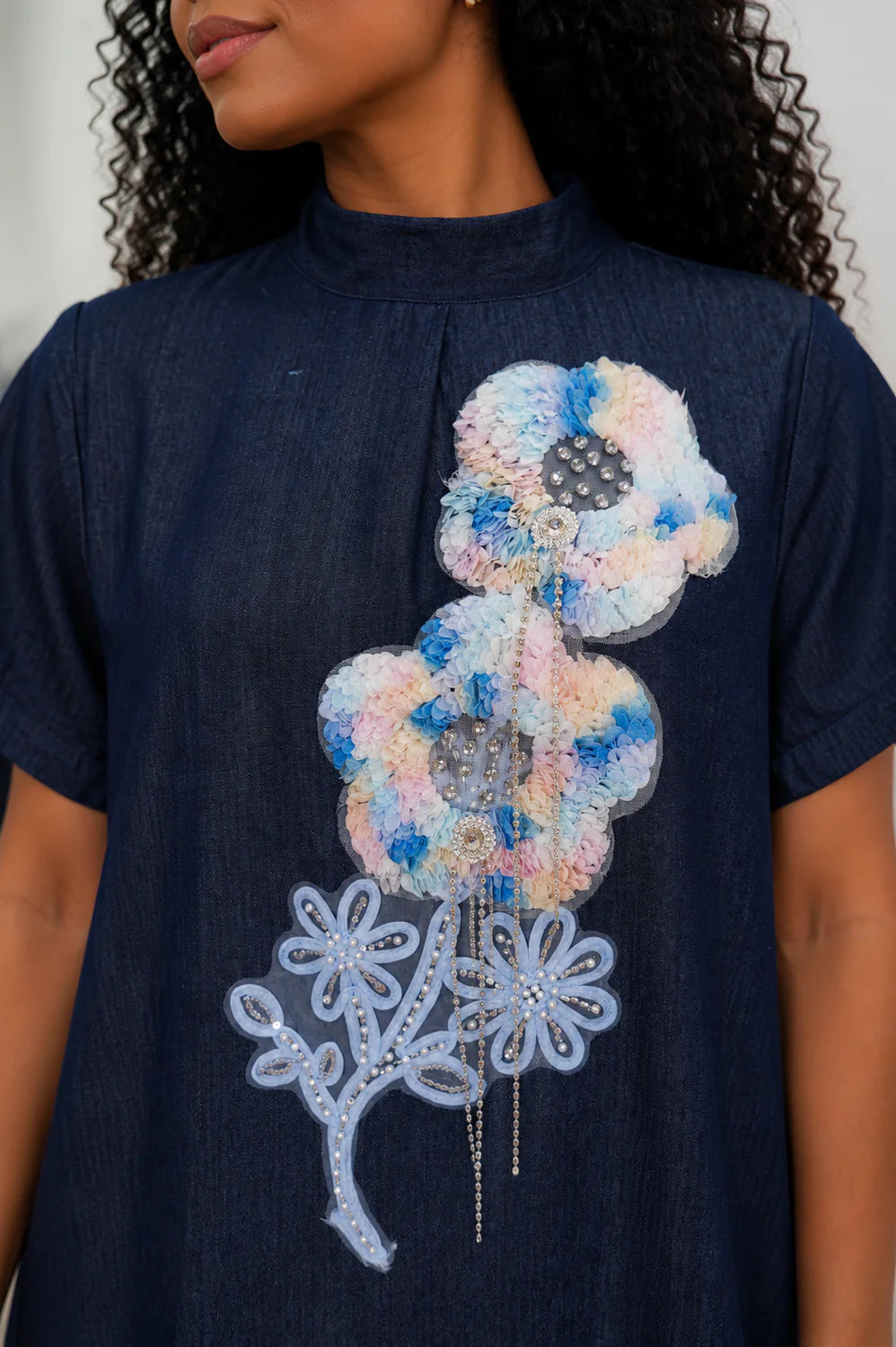 Flower Applique Tiered Denim Dress