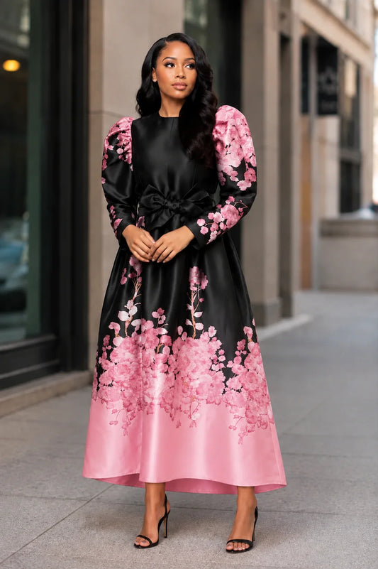 Midnight Blossom Tie Waist Dress