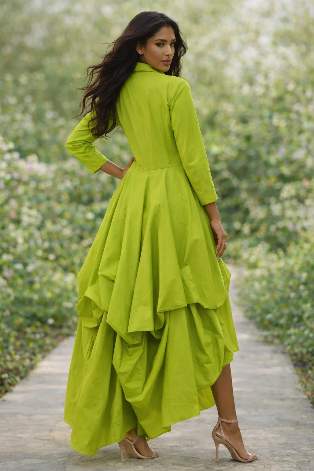 Cascade drape applique maxi dress
