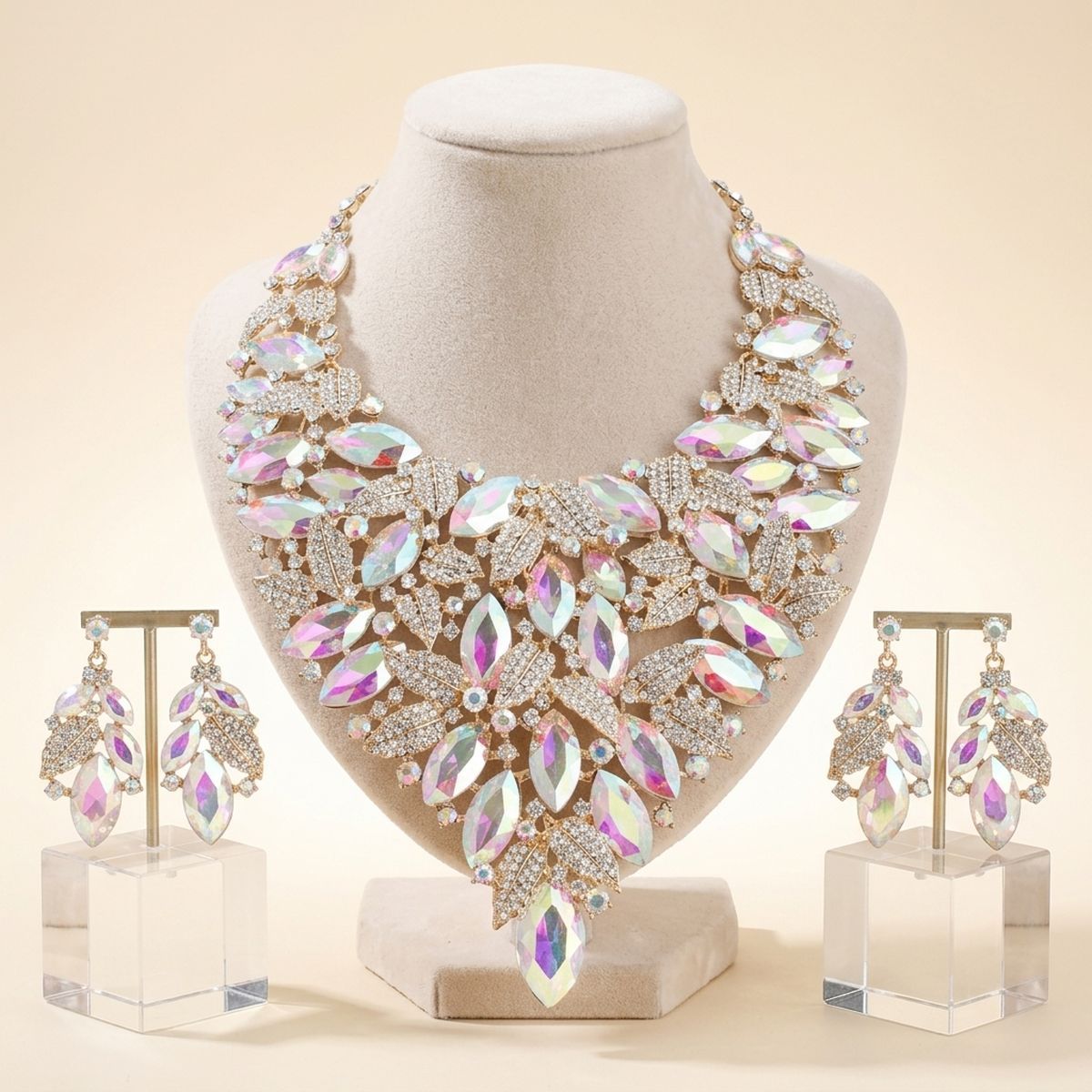 Luminous Aurora Botanical Crystal Statement Necklace Set
