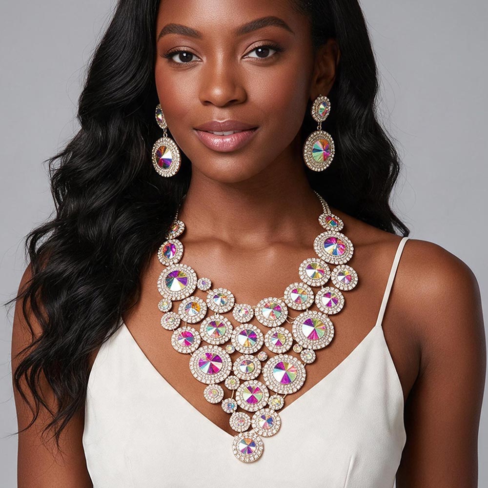 Round Stone Cluster Vine Statement Evening Necklace